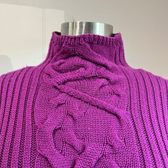 Magaschoni 100% Merino Wool Sweater Cable Knit Fisherman Purple Mock Neck Sz S - Picture 4 of 8